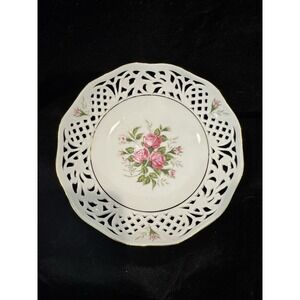 Bavarian Schumann Serving Bowl 1980's- Reticulated Floral Serving Dish Pink Rose